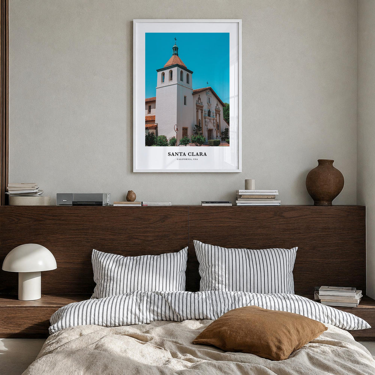 Santa Clara colorful classic poster of California, USA – vertical wall art in white wood frame, hanging on wall