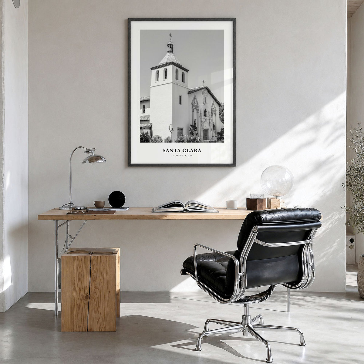 Santa Clara Classic Poster in a black wood frame, hanging in a bright home office
