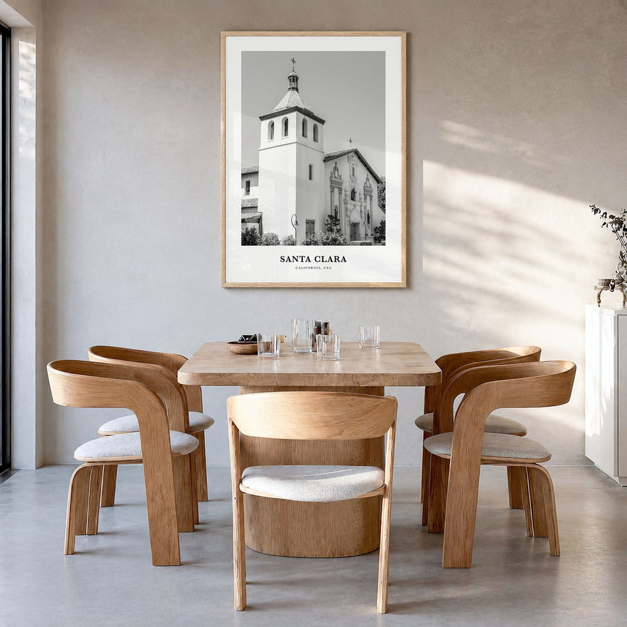 Santa Clara Classic Poster in a natural wood frame, hanging in a dining room
