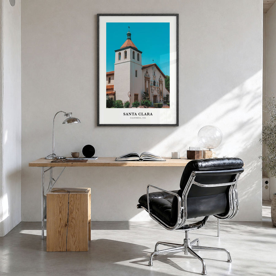 Santa Clara Classic Poster in a black wood frame, hanging in a bright home office