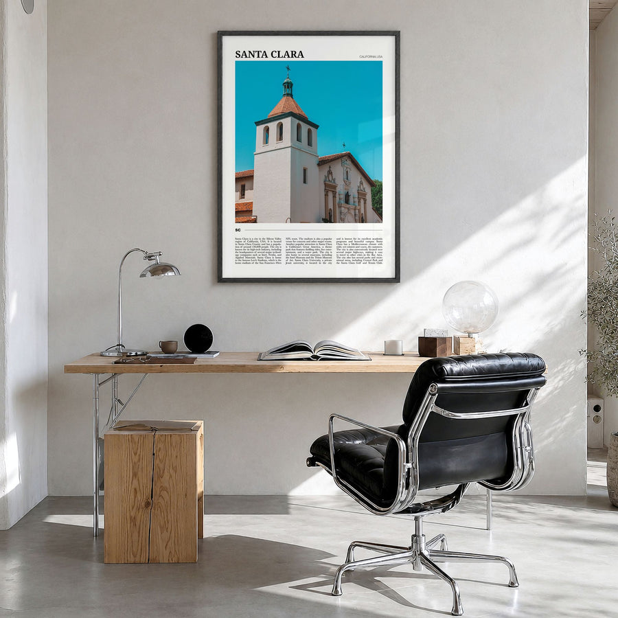 Santa Clara Travel Poster in a black wood frame, hanging in a bright home office