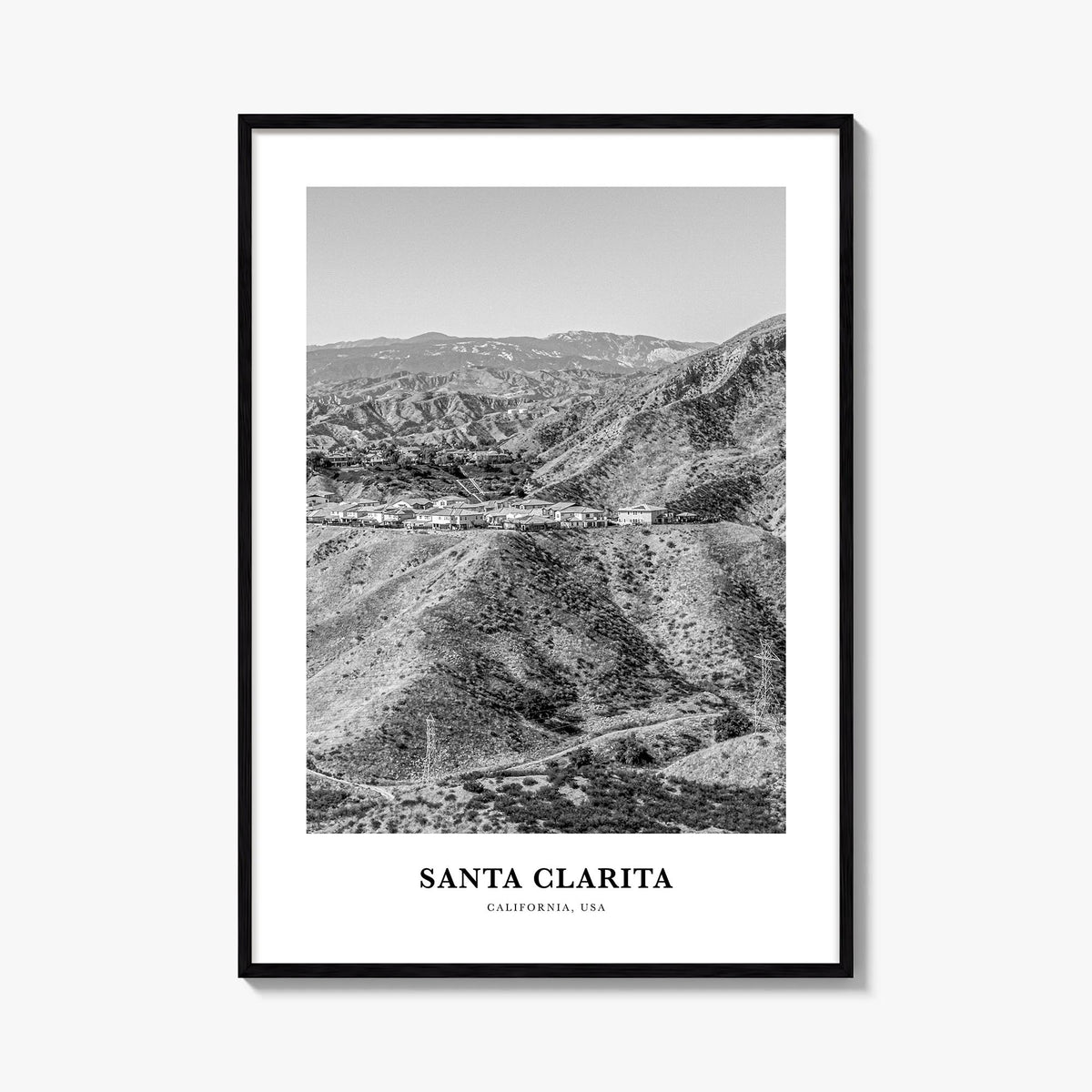 Santa Clarita black & white classic poster of California, USA – vertical wall art, unframed print shown in interior mockup