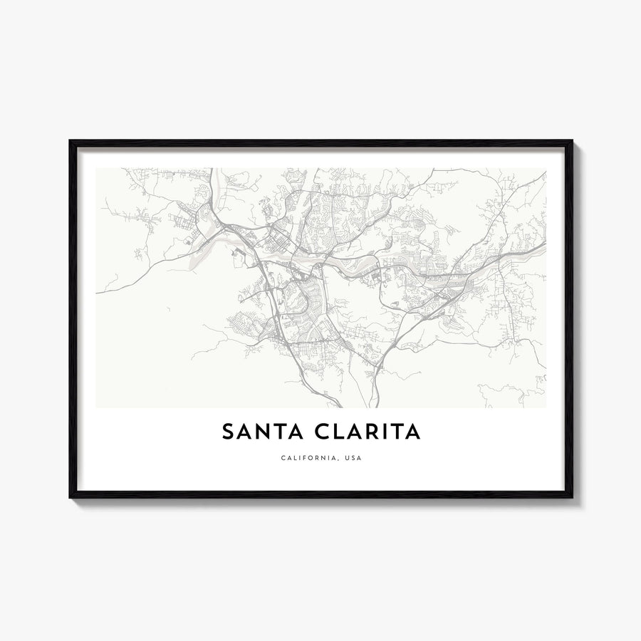 Santa Clarita black & white map poster of California, USA – horizontal wall art, unframed print shown in interior mockup