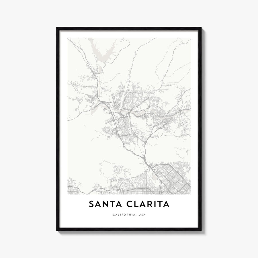 Santa Clarita black & white map poster of California, USA – vertical wall art, unframed print shown in interior mockup