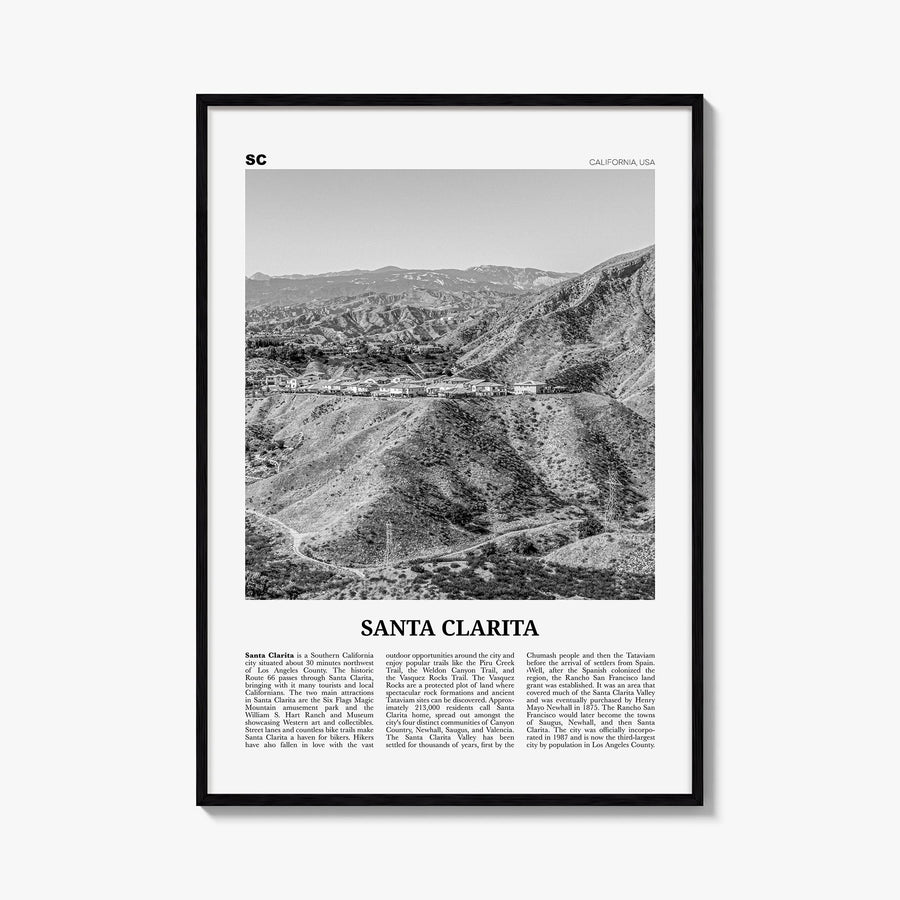 Santa Clarita black & white newspaper poster of California, USA – vertical wall art, unframed print shown in interior mockup