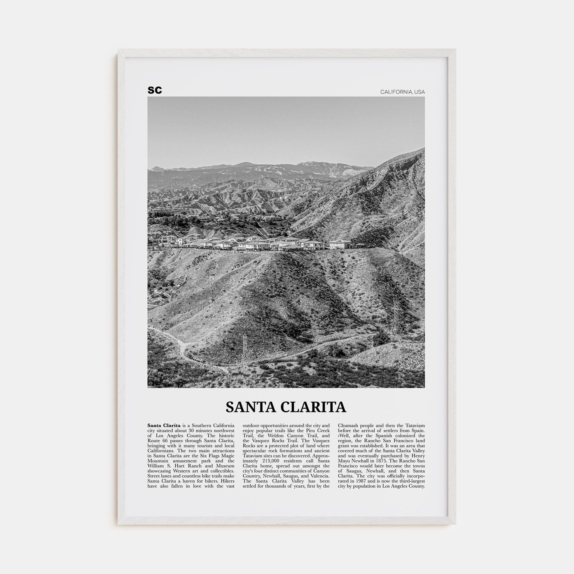 Santa Clarita Poster White Wood / 8x12 in Nbourhood Travel B&W Poster