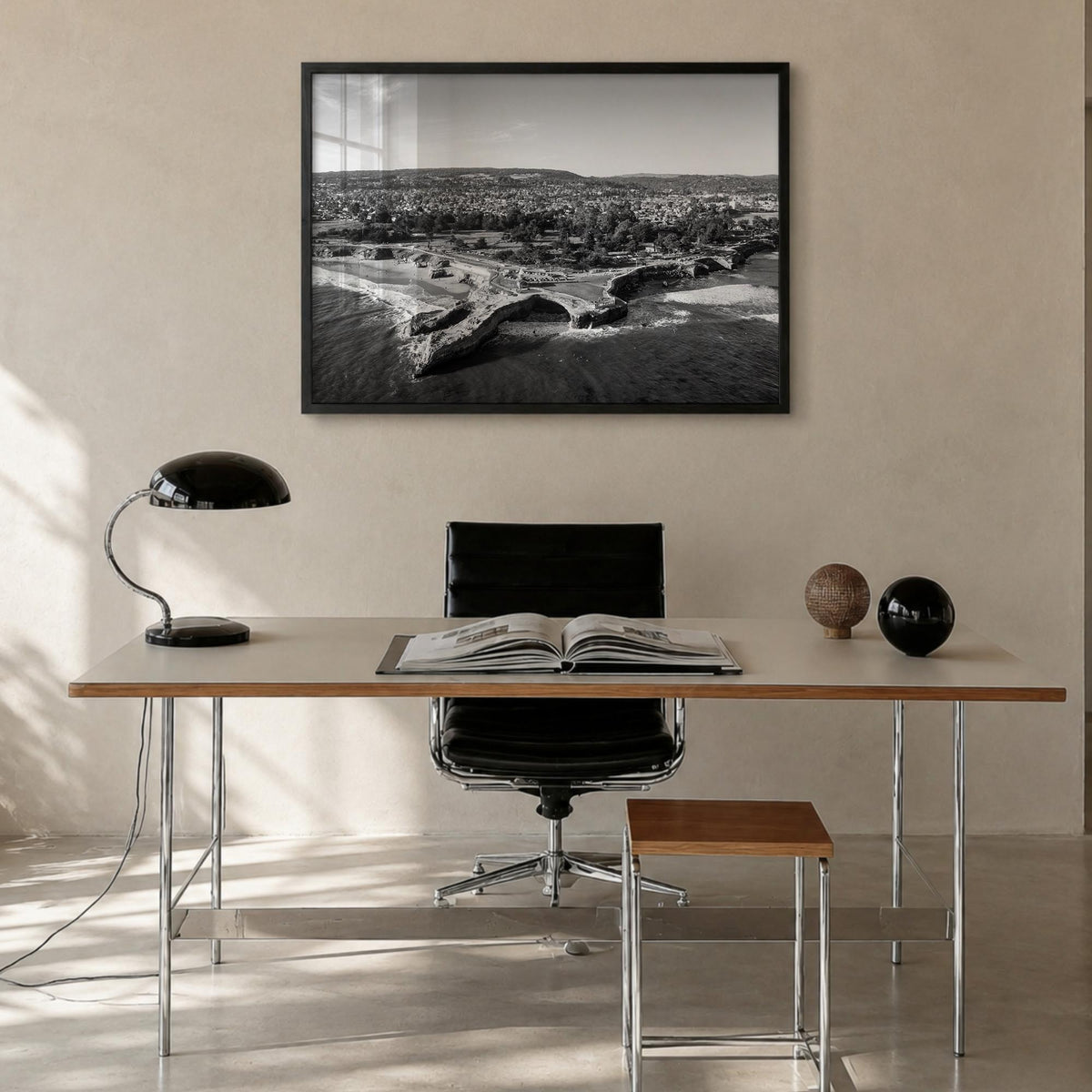 Santa Cruz black & white photo poster of California, USA – horizontal wall art in black wood frame, hanging on wall