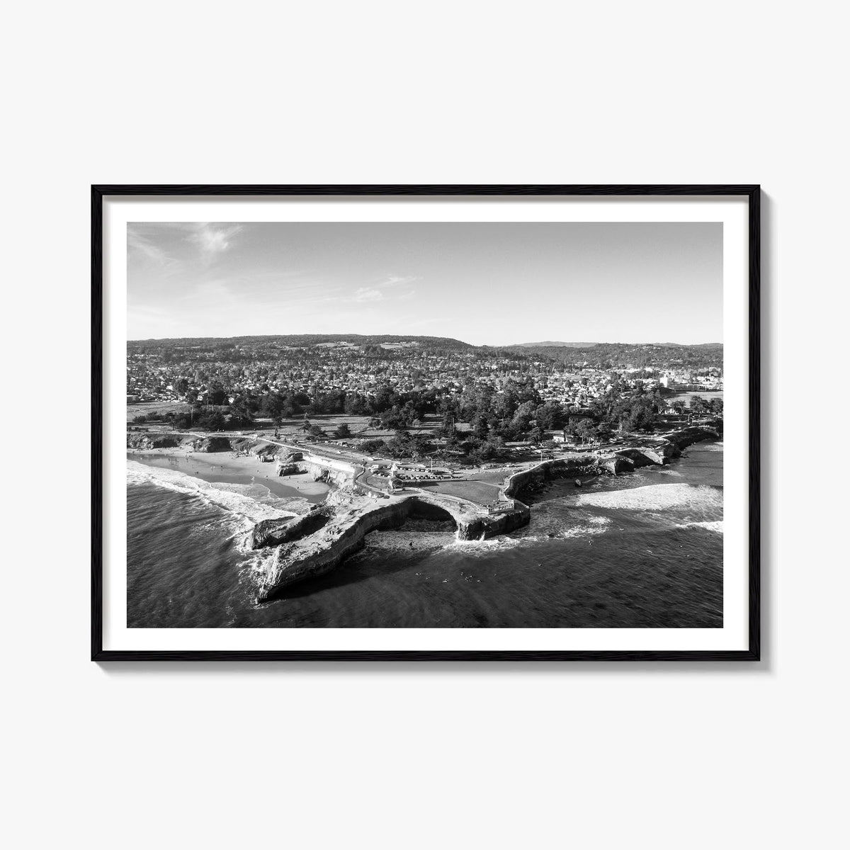 Santa Cruz black & white photo poster of California, USA – horizontal wall art, unframed print shown in interior mockup