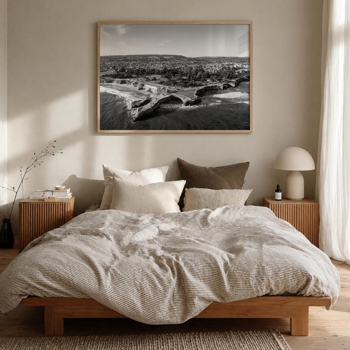 Santa Cruz black & white photo poster of California, USA – horizontal wall art in natural wood frame, hanging on wall