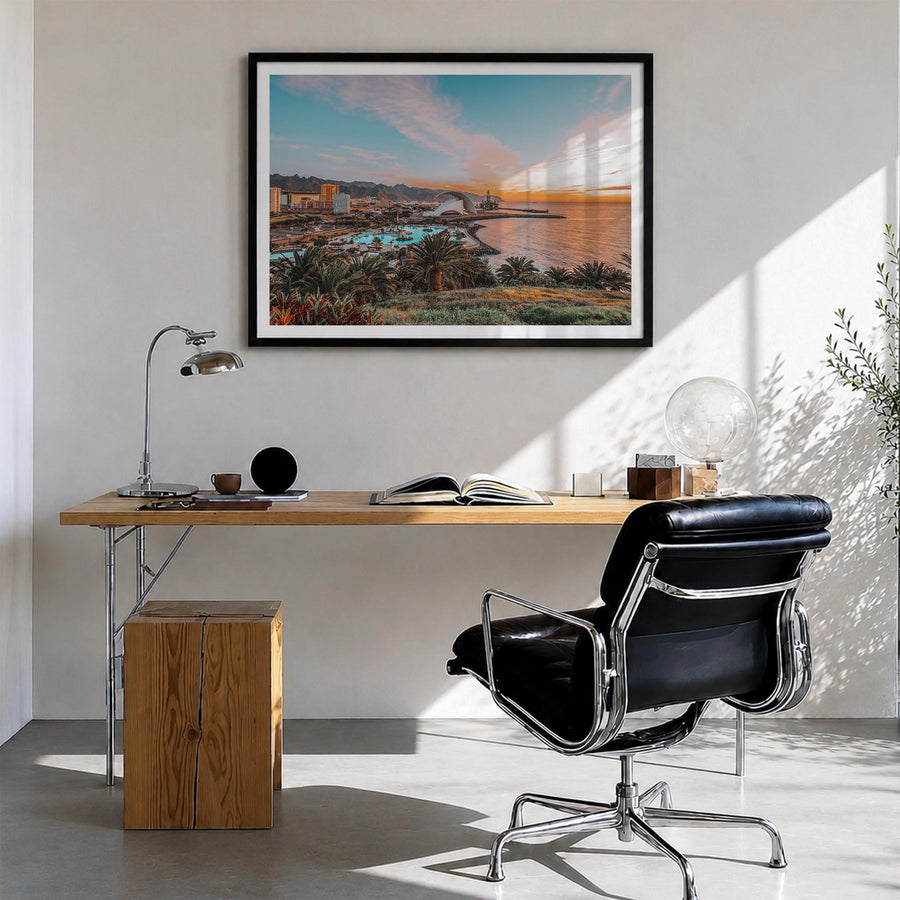 Santa Cruz colorful photo poster of California, USA – horizontal wall art in black wood frame with white border, hanging on w