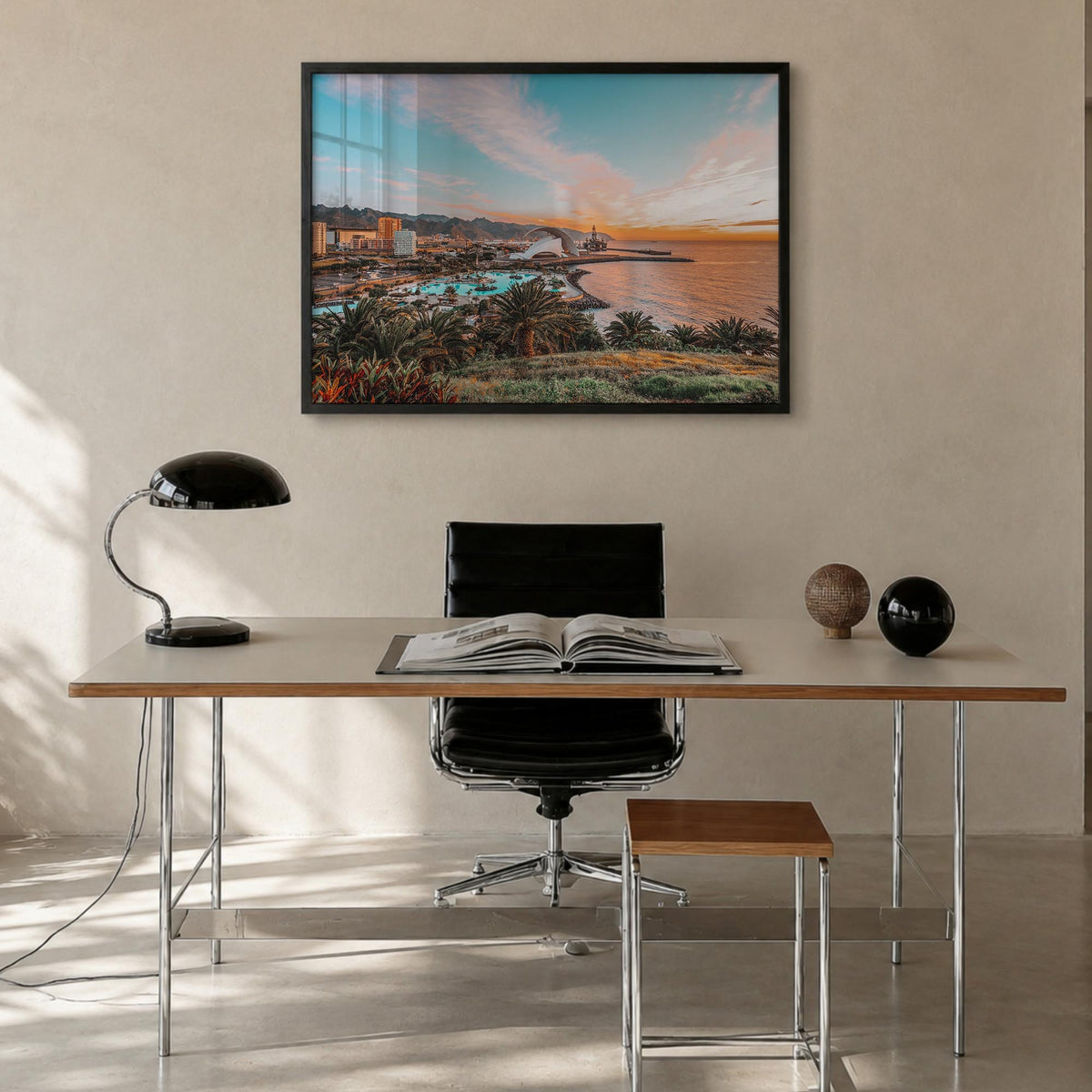Santa Cruz colorful photo poster of California, USA – horizontal wall art in black wood frame, hanging on wall