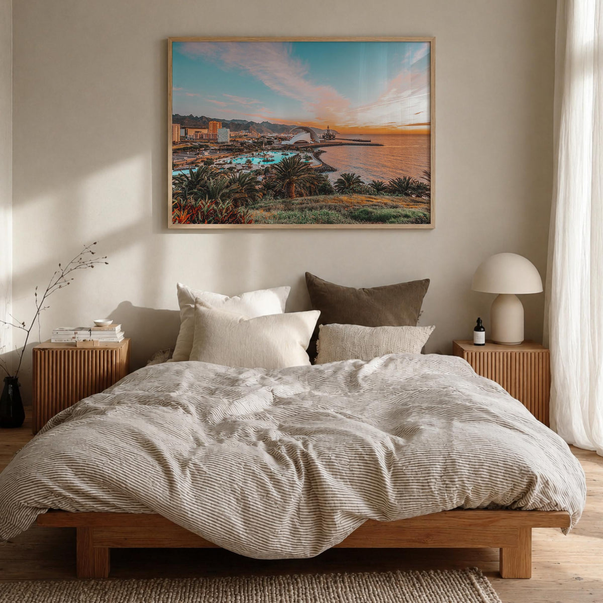 Santa Cruz colorful photo poster of California, USA – horizontal wall art in natural wood frame, hanging on wall