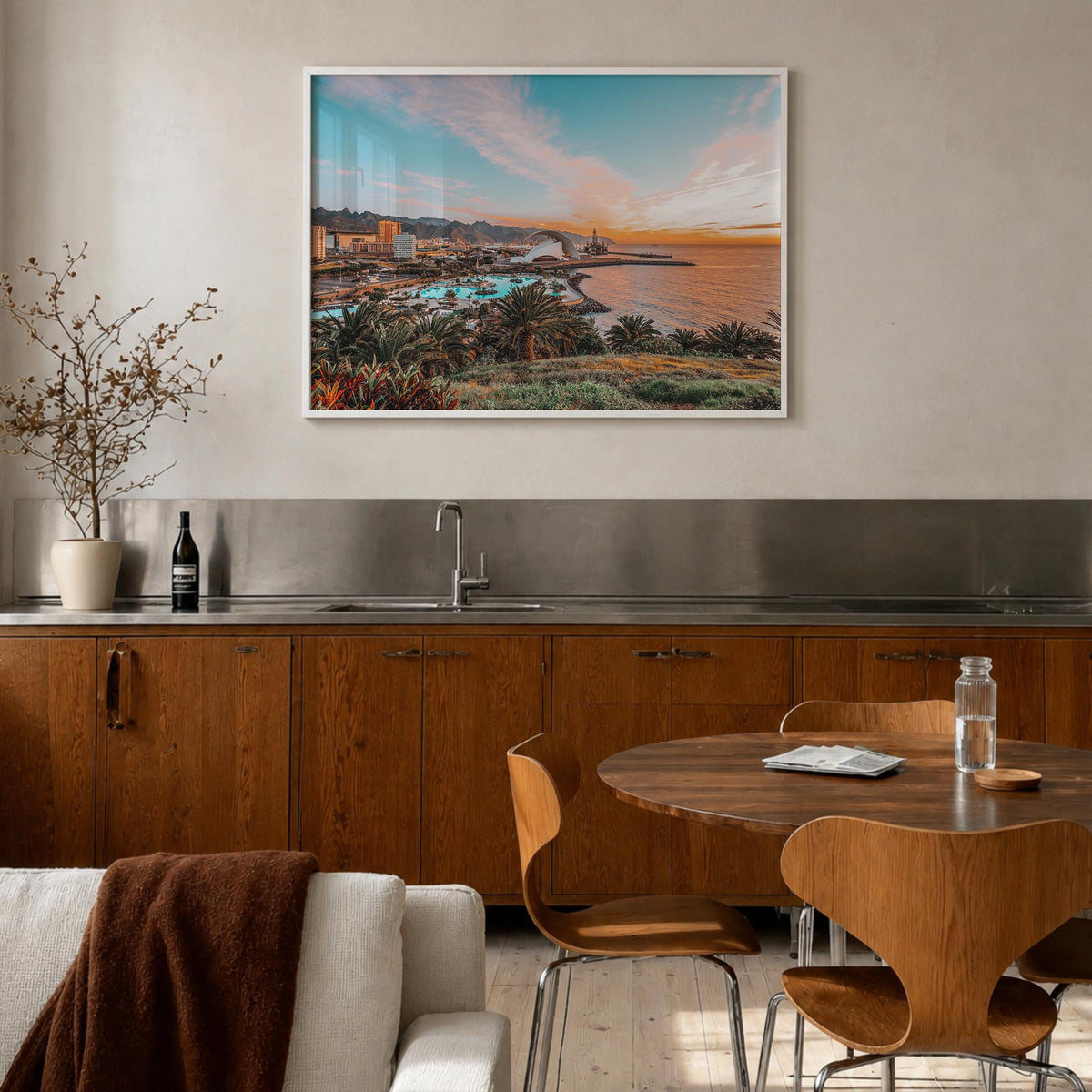 Santa Cruz colorful photo poster of California, USA – horizontal wall art in white wood frame, hanging on wall