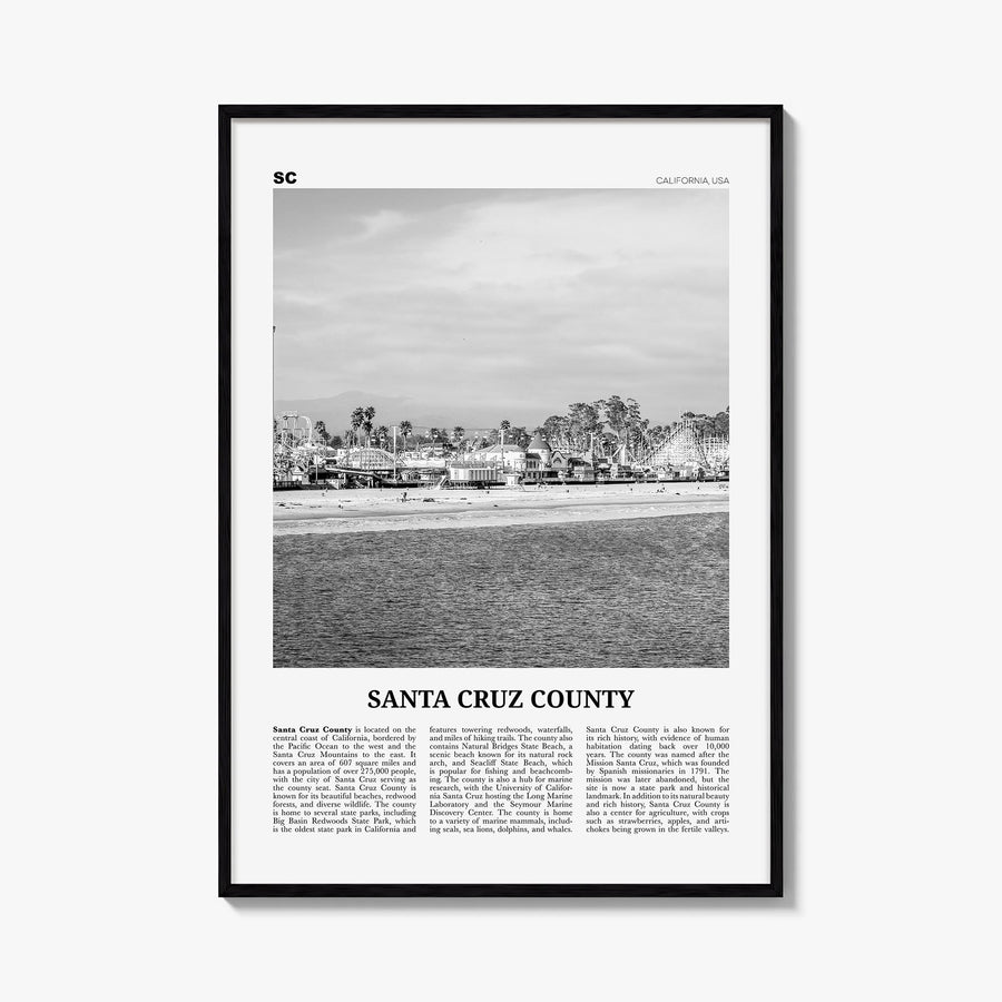 Santa Cruz County black & white newspaper poster of California, USA – vertical wall art, unframed print shown in interior moc