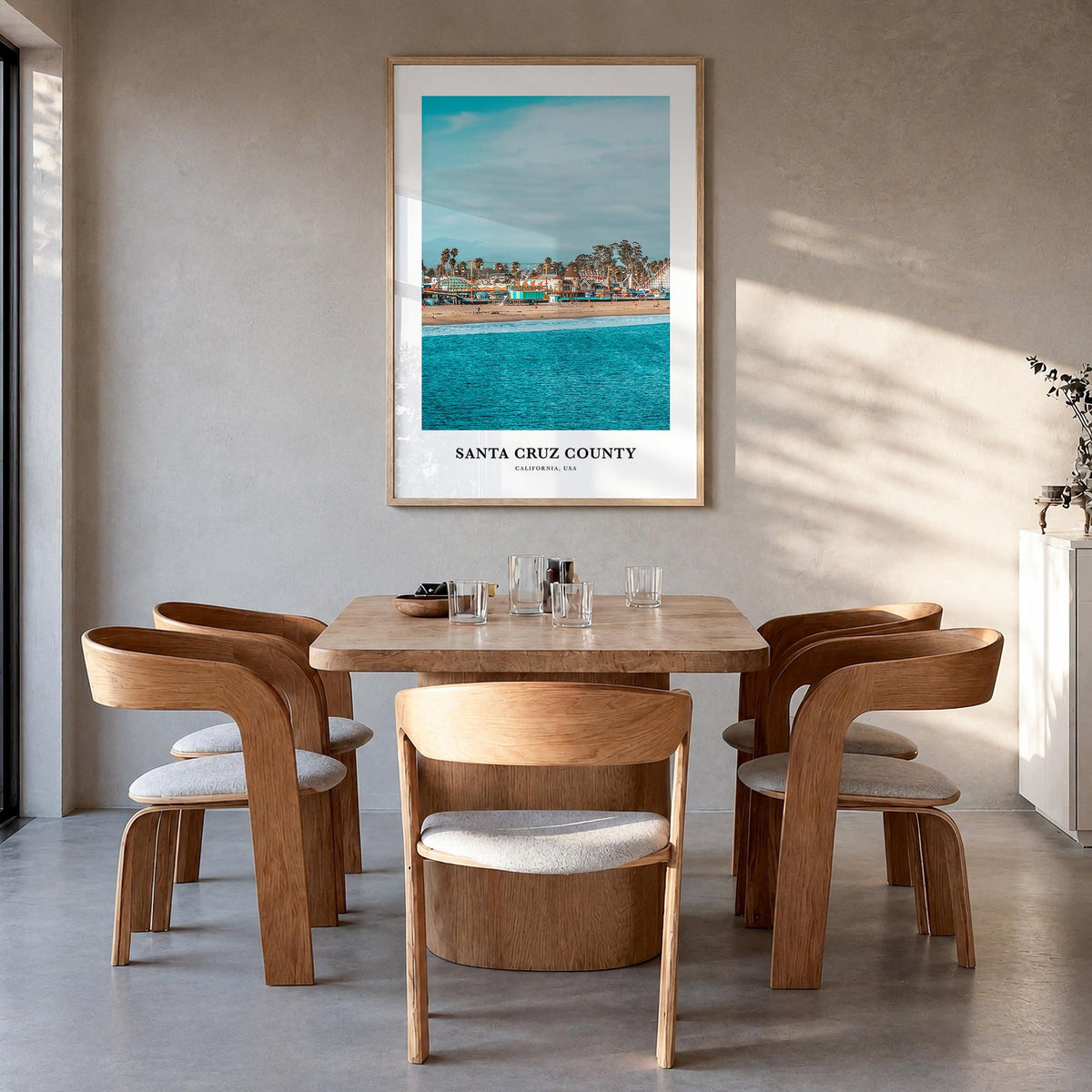 Santa Cruz County colorful classic poster of California, USA – vertical wall art in natural wood frame, hanging on wall