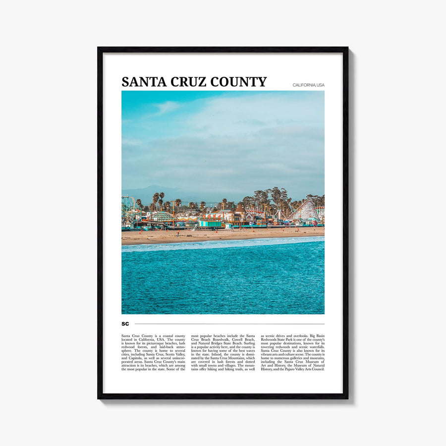 Santa Cruz County colorful travel poster of California, USA – vertical wall art, unframed print shown in interior mockup