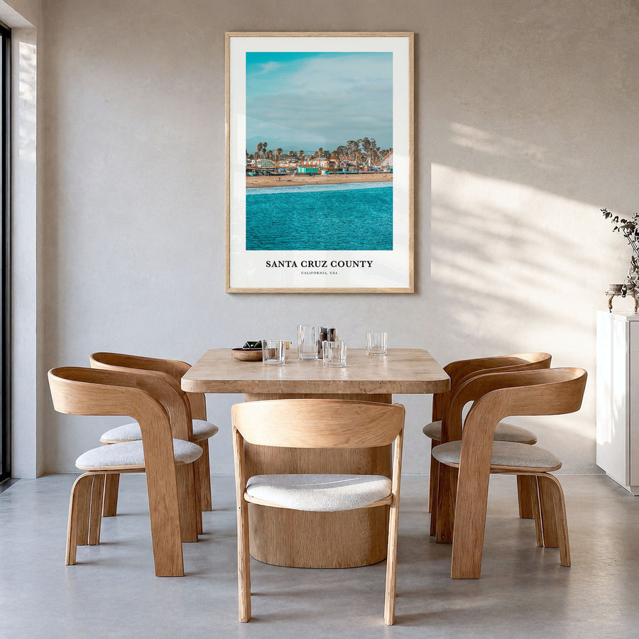 Santa Cruz County Classic Poster in a natural wood frame, hanging in a dining room
