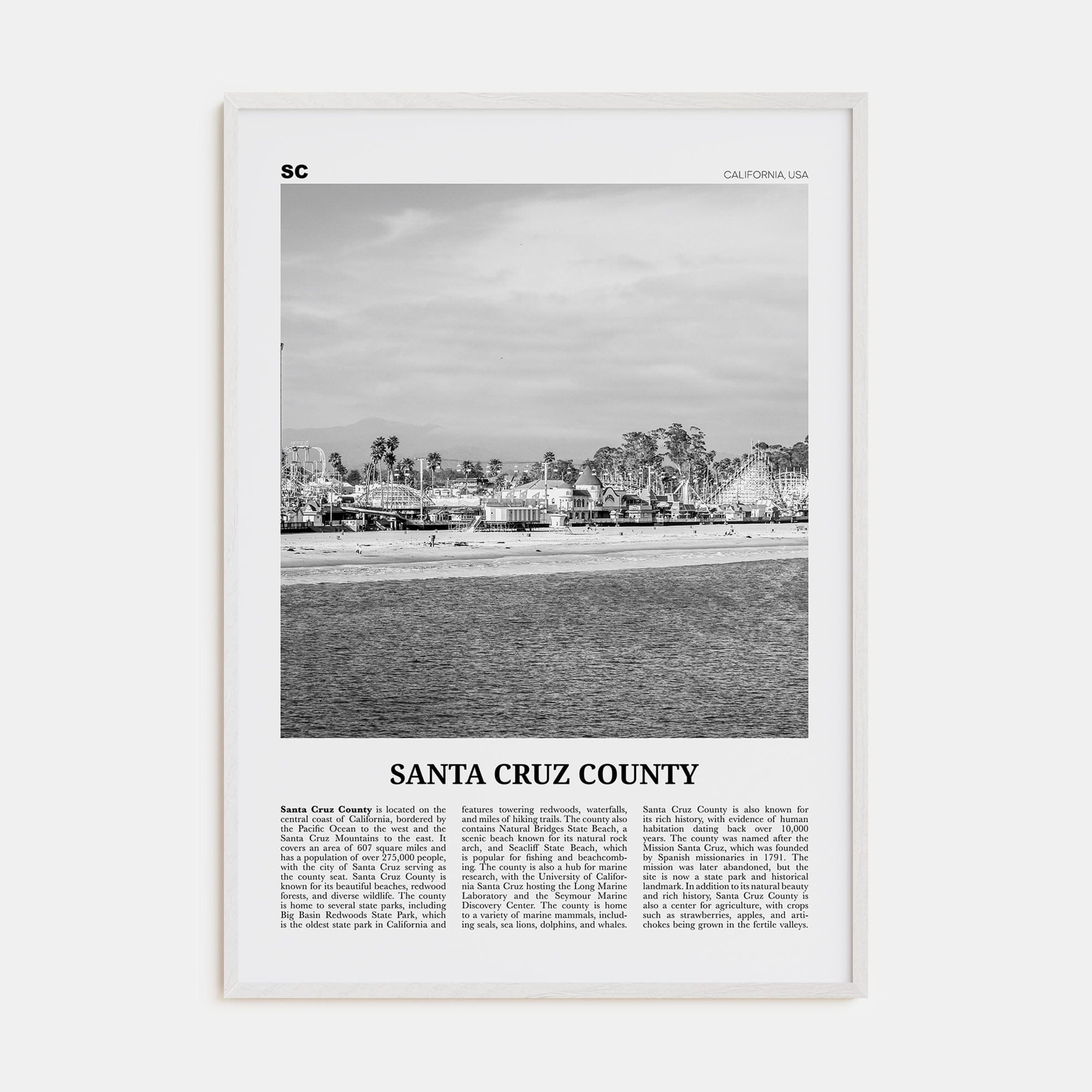 Santa Cruz County Poster White Wood / 8x12 in Nbourhood Travel B&W Poster