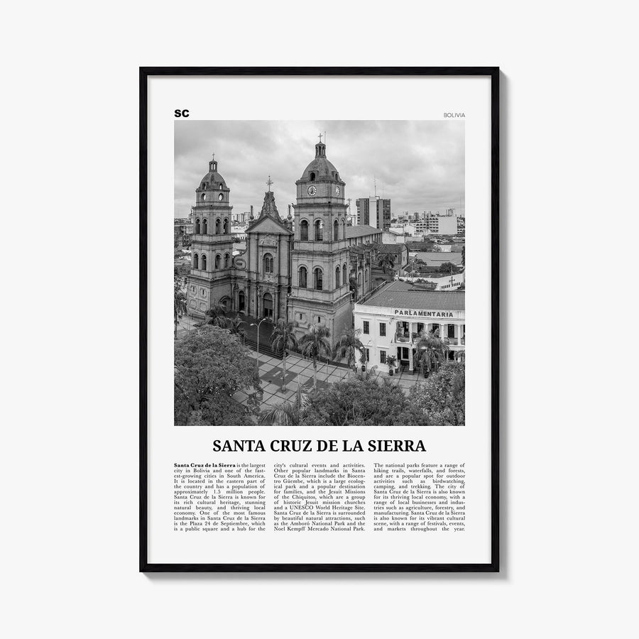 Santa Cruz de la Sierra black & white newspaper poster of Bolivia – vertical wall art, unframed print shown in interior mocku