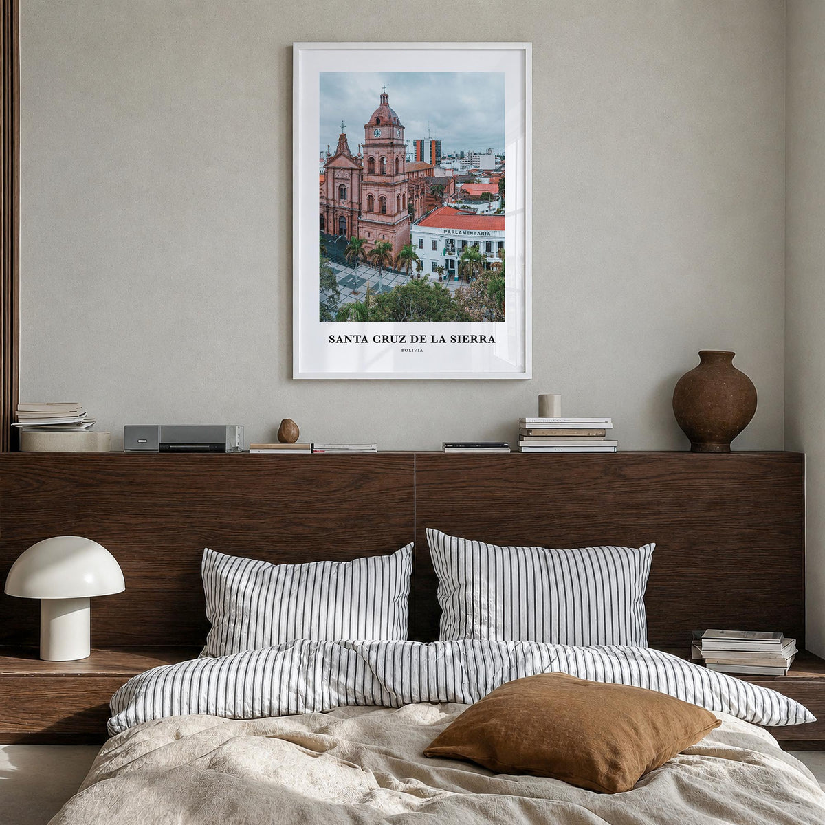 Santa Cruz de la Sierra colorful classic poster of Bolivia – vertical wall art in white wood frame, hanging on wall