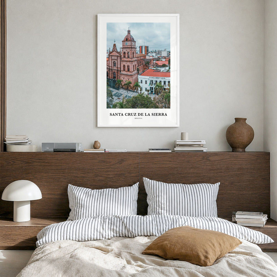 Santa Cruz de la Sierra Classic Poster in a white wood frame, hanging in a bedroom