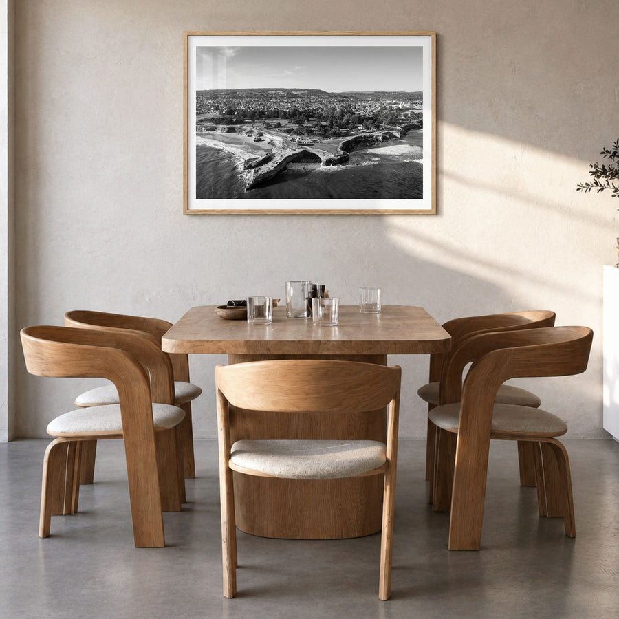 Santa Cruz, California Photo Poster in a natural wood frame, hanging in a dining room, white border