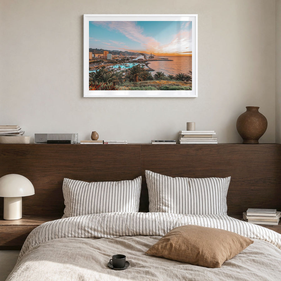 Santa Cruz, California Photo Poster in a white wood frame, hanging in a bedroom, white border