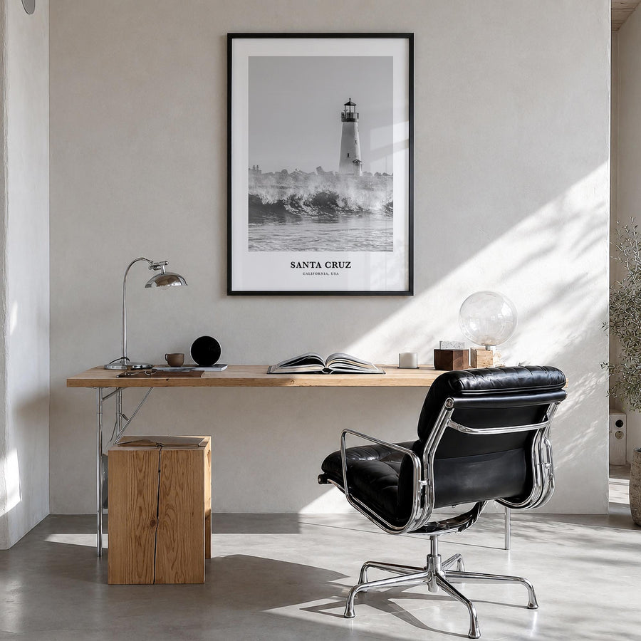 Santa Cruz no. 1 black & white classic poster of California, USA – vertical wall art in black wood frame, hanging on wall