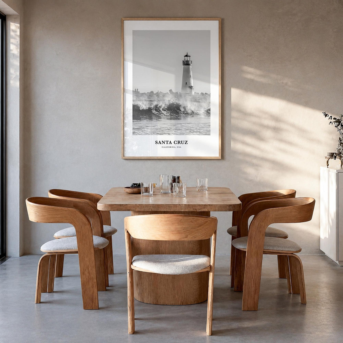 Santa Cruz no. 1 black & white classic poster of California, USA – vertical wall art in natural wood frame, hanging on wall