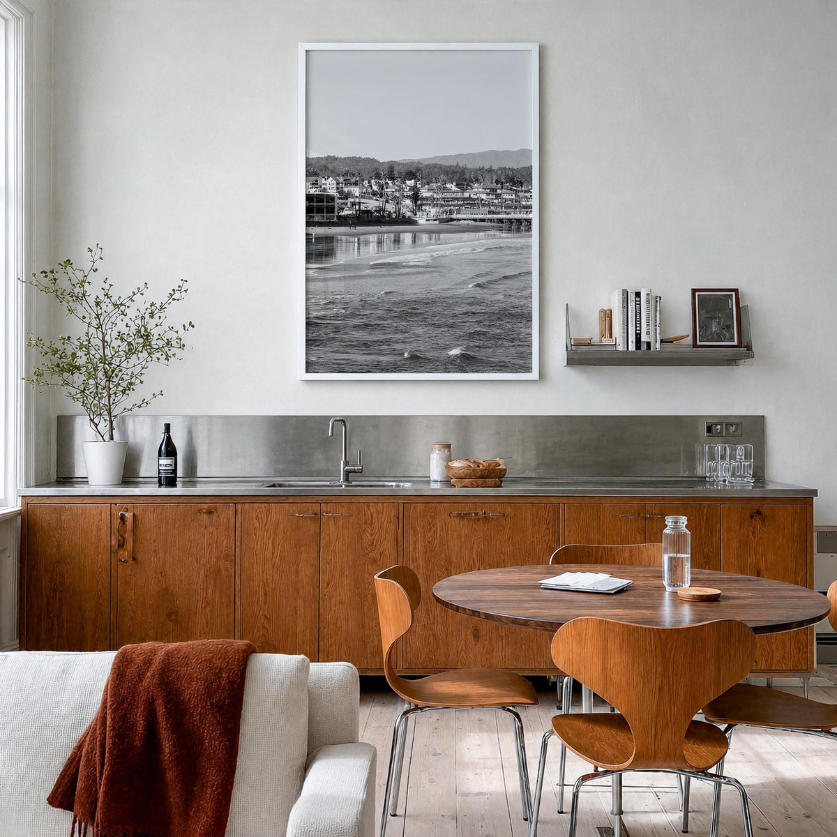 Santa Cruz no. 1 black & white photo poster of California, USA – vertical wall art in white wood frame, hanging on wall
