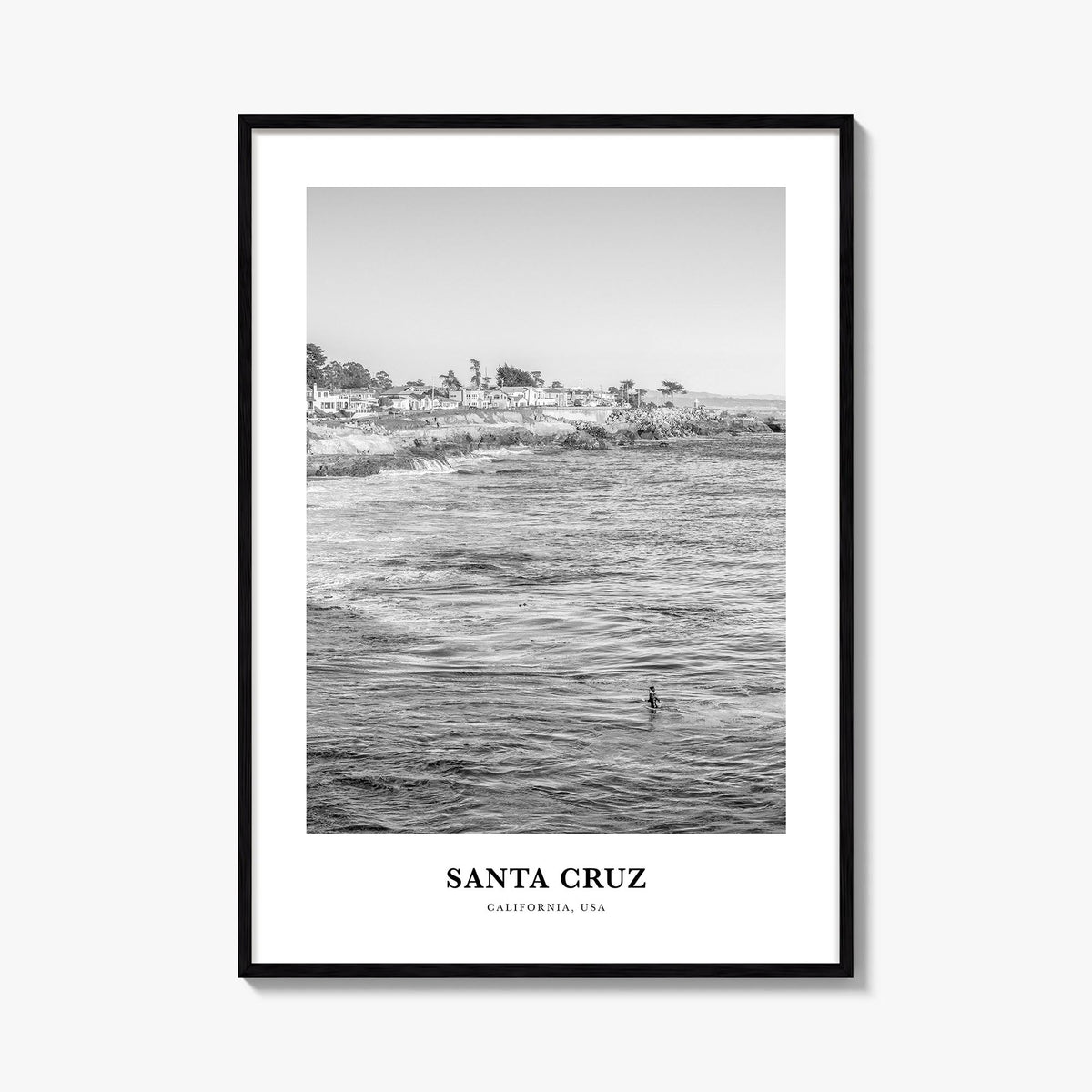 Santa Cruz no. 2 black & white classic poster of California, USA – vertical wall art, unframed print shown in interior mockup
