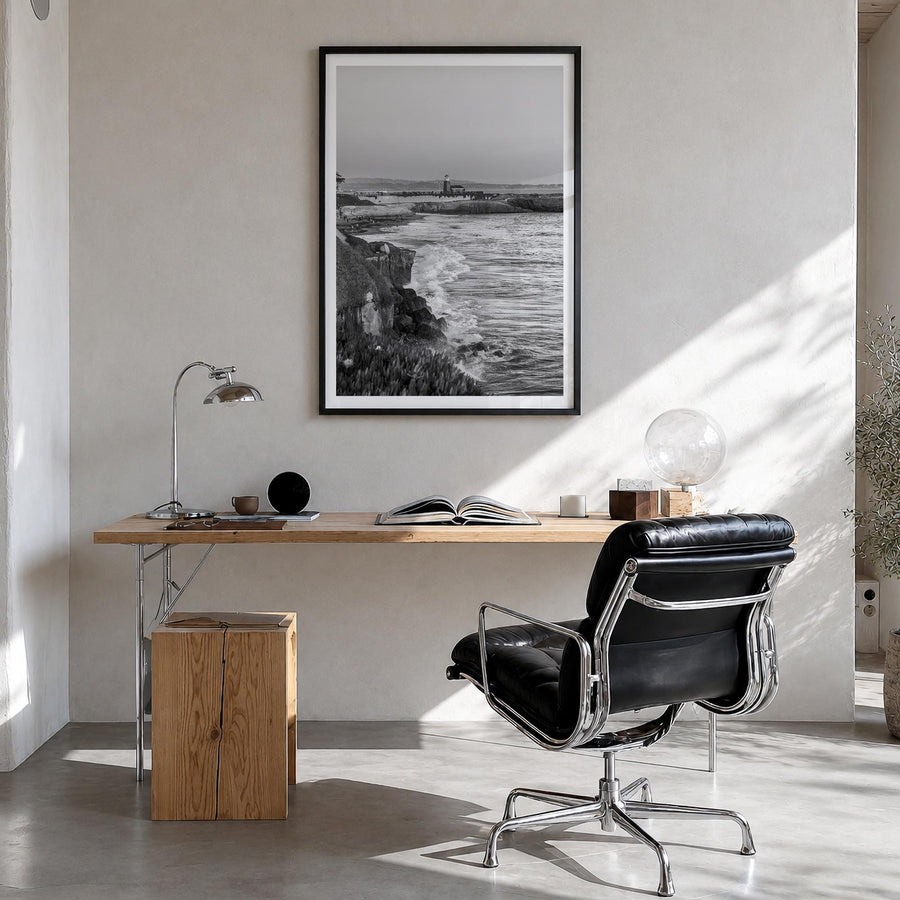 Santa Cruz no. 2 black & white photo poster of California, USA – vertical wall art in black wood frame with white border, han