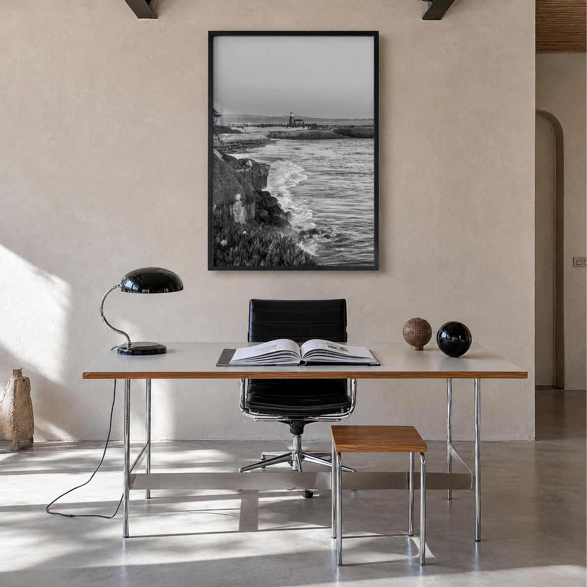 Santa Cruz no. 2 black & white photo poster of California, USA – vertical wall art in black wood frame, hanging on wall