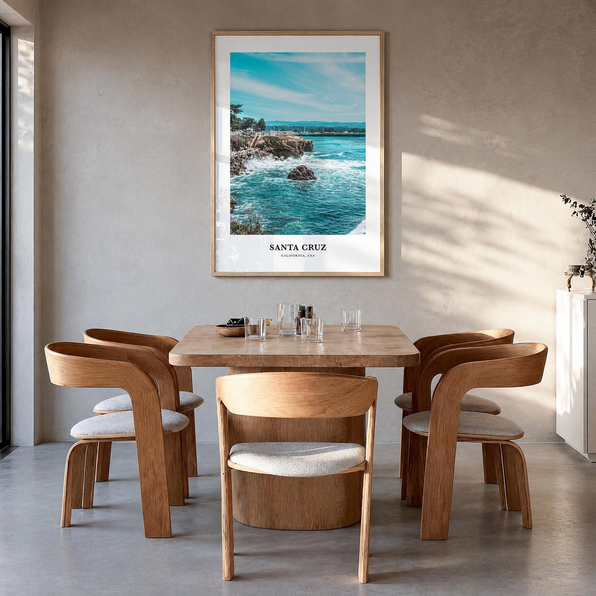 Santa Cruz no. 2 colorful classic poster of California, USA – vertical wall art in natural wood frame, hanging on wall