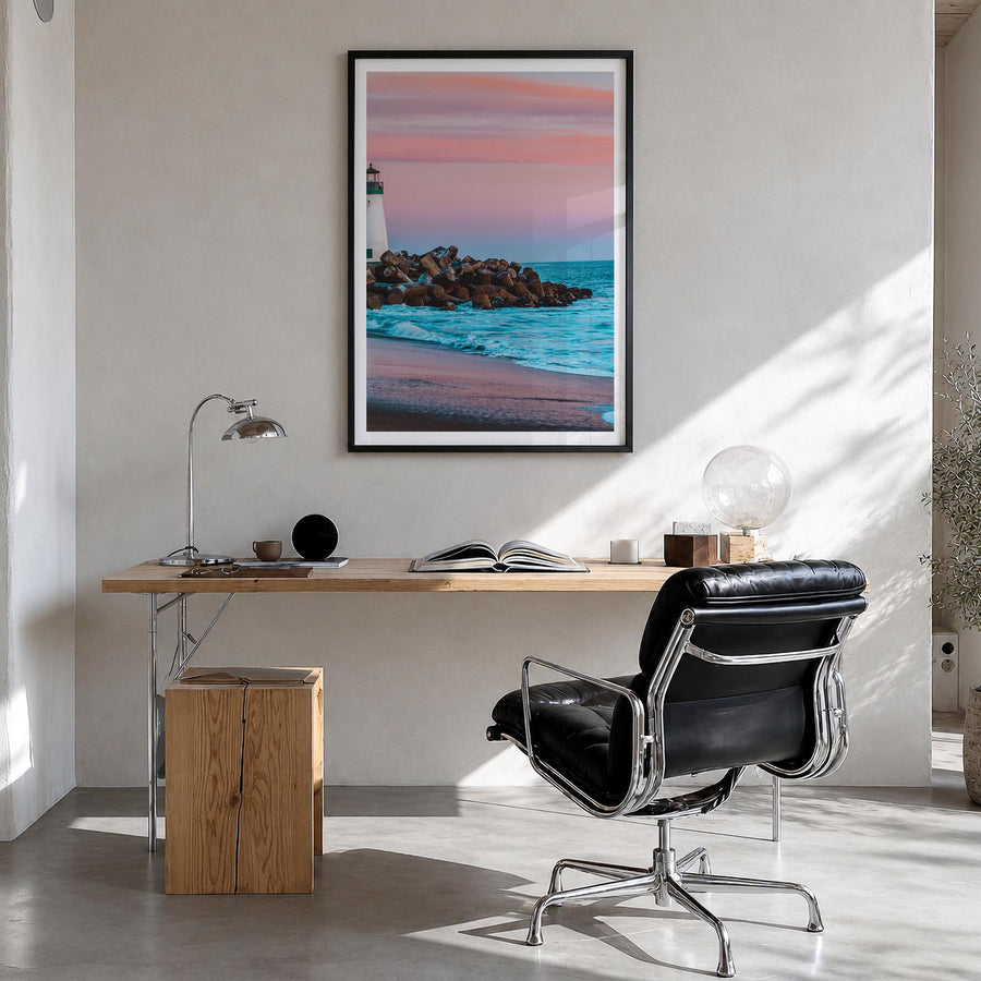 Santa Cruz no. 2 colorful photo poster of California, USA – vertical wall art in black wood frame with white border, hanging 