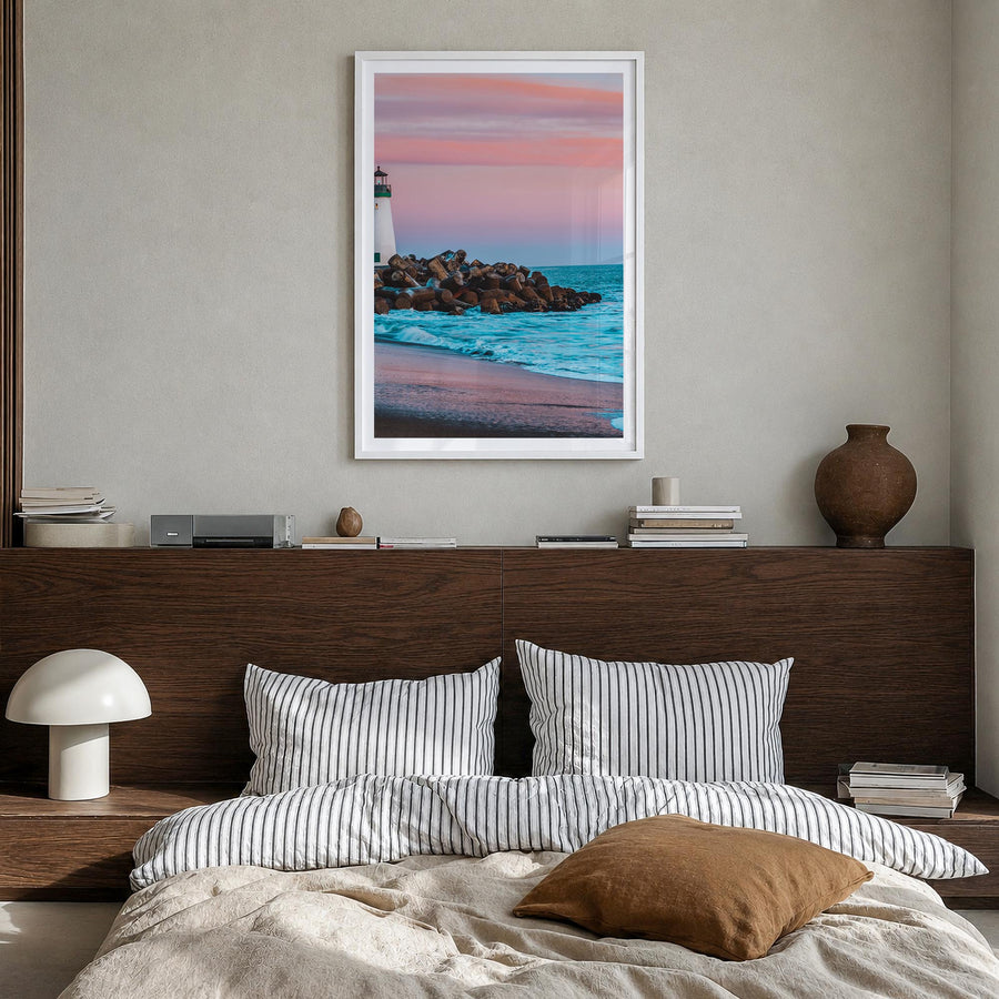 Santa Cruz no. 2 colorful photo poster of California, USA – vertical wall art in white wood frame with white border, hanging 