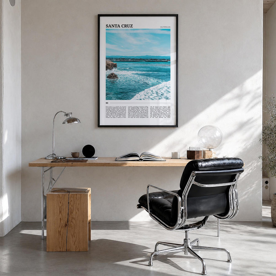 Santa Cruz no. 2 colorful travel poster of California, USA – vertical wall art in black wood frame, hanging on wall