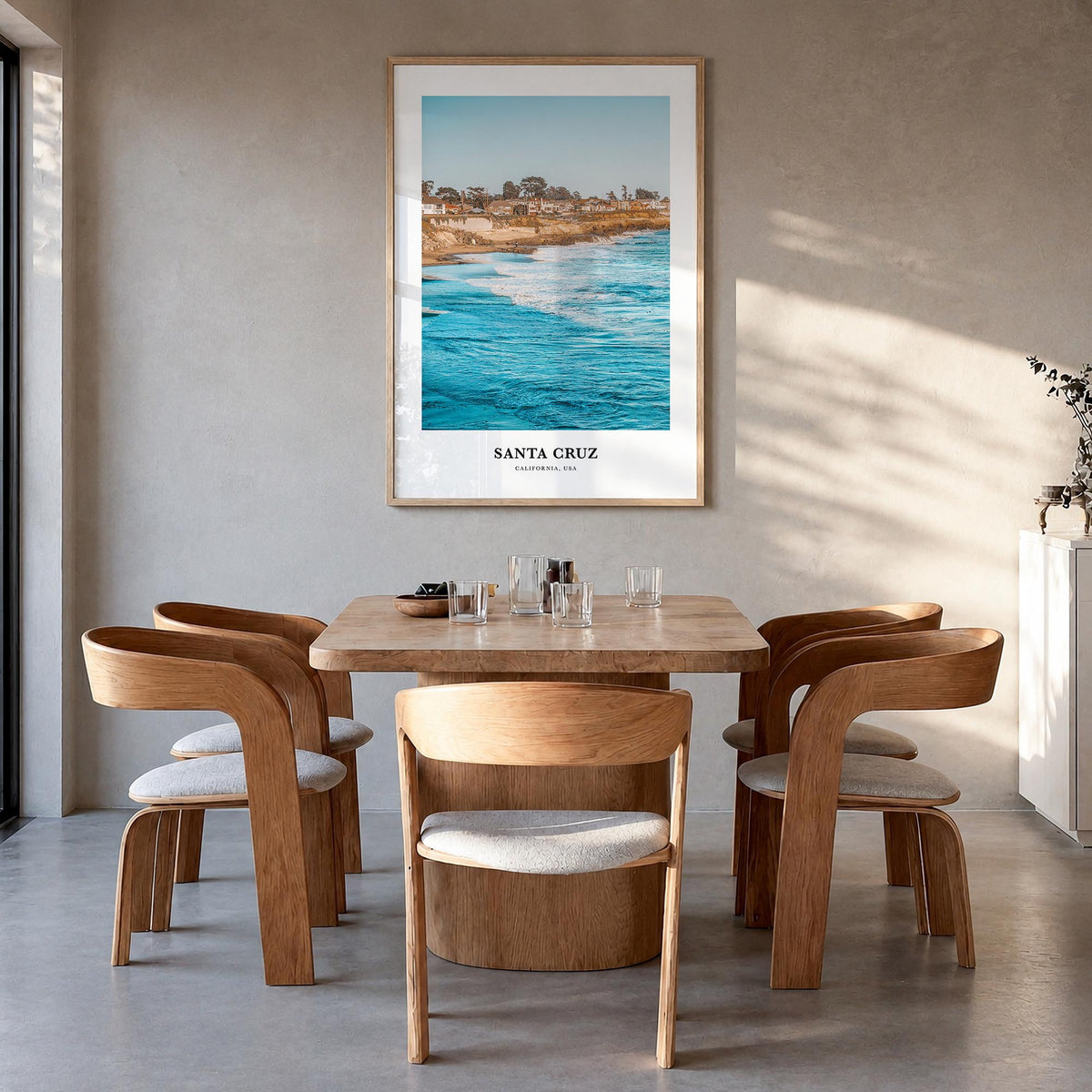 Santa Cruz no. 3 colorful classic poster of California, USA – vertical wall art in natural wood frame, hanging on wall