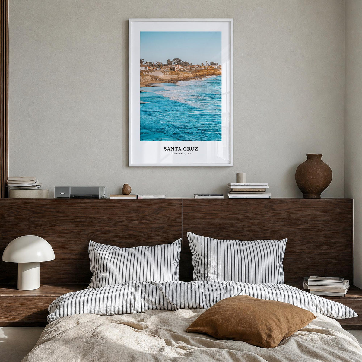 Santa Cruz no. 3 colorful classic poster of California, USA – vertical wall art in white wood frame, hanging on wall