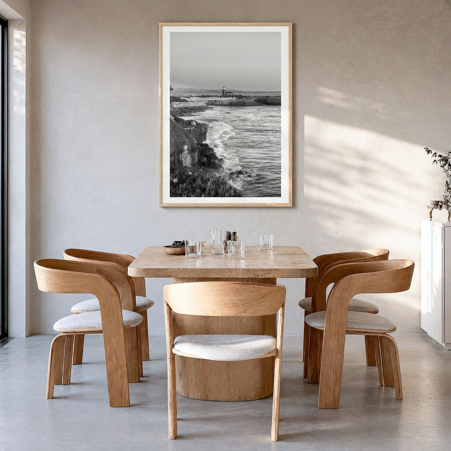 Santa Cruz, California Photo No 2 Poster in a natural wood frame, hanging in a dining room, white border