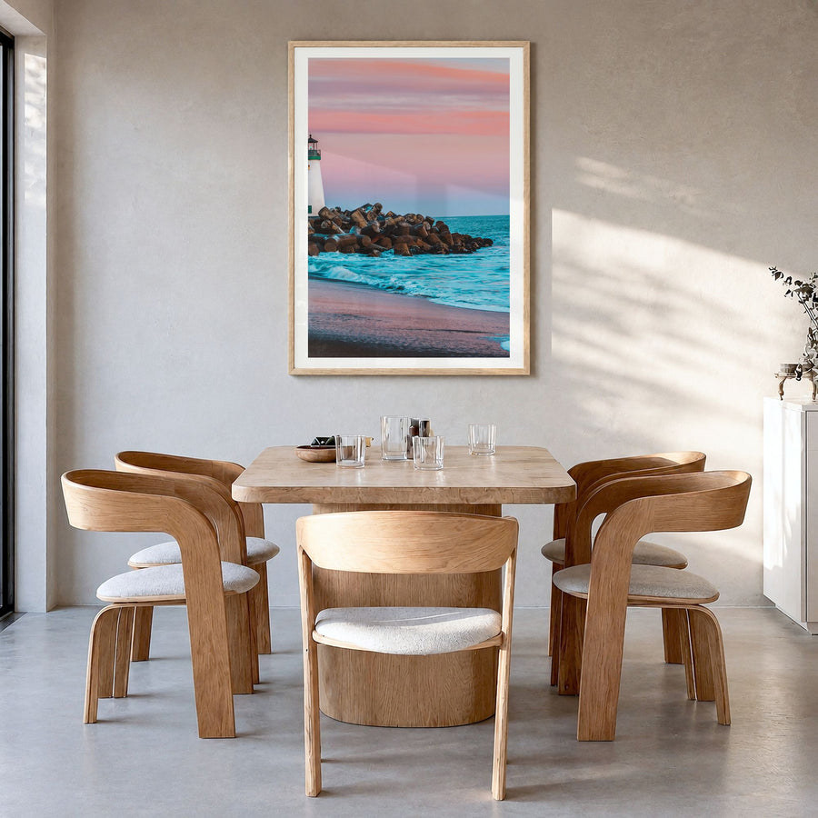 Santa Cruz, California Photo No 2 Poster in a natural wood frame, hanging in a dining room, white border