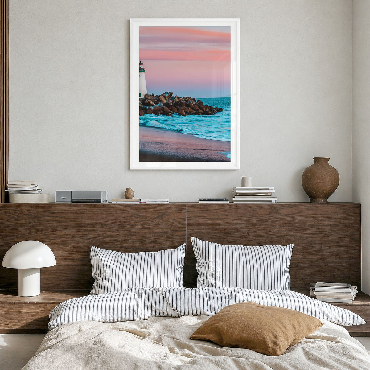 Santa Cruz, California Photo No 2 Poster in a white wood frame, hanging in a bedroom, white border