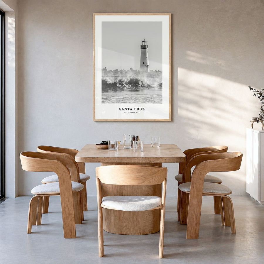 Santa Cruz, California Classic No 1 Poster in a natural wood frame, hanging in a dining room