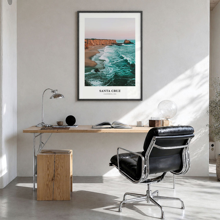 Santa Cruz, California Classic No 1 Poster in a black wood frame, hanging in a bright home office