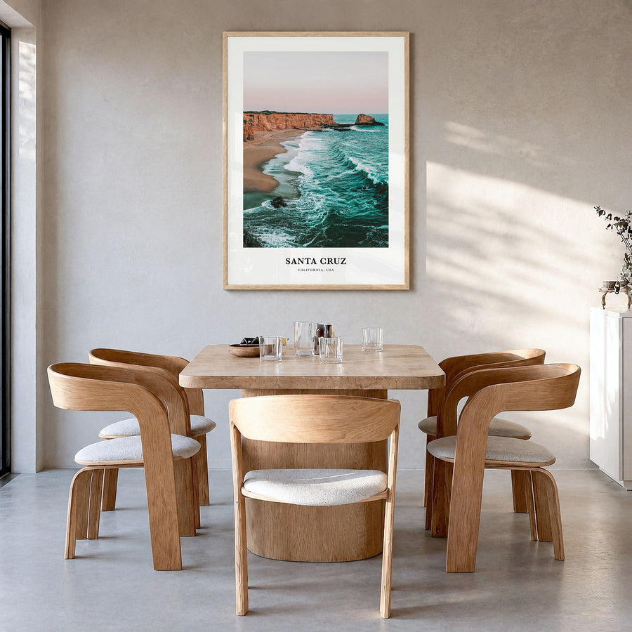 Santa Cruz, California Classic No 1 Poster in a natural wood frame, hanging in a dining room