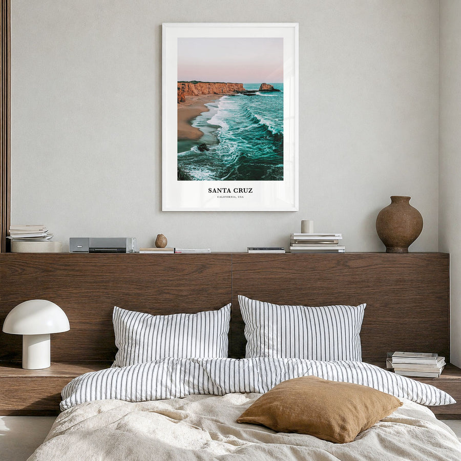 Santa Cruz, California Classic No 1 Poster in a white wood frame, hanging in a bedroom