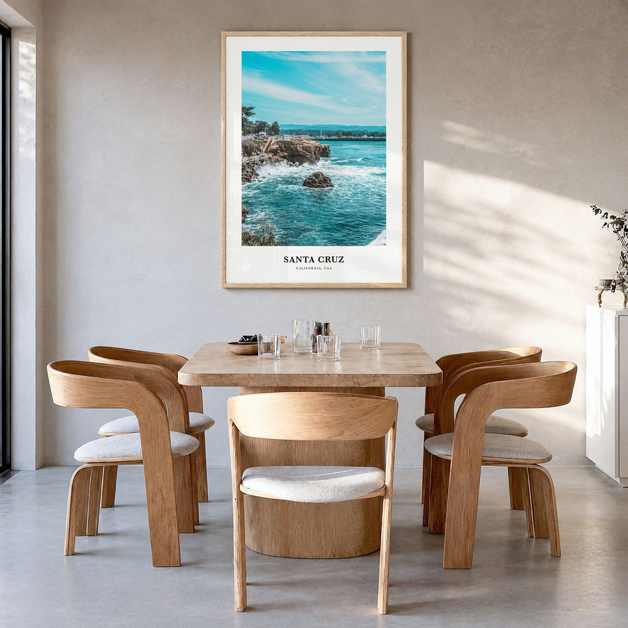 Santa Cruz, California Classic No 2 Poster in a natural wood frame, hanging in a dining room