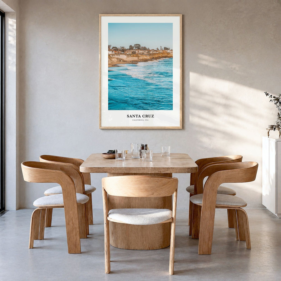 Santa Cruz, California Classic No 3 Poster in a natural wood frame, hanging in a dining room