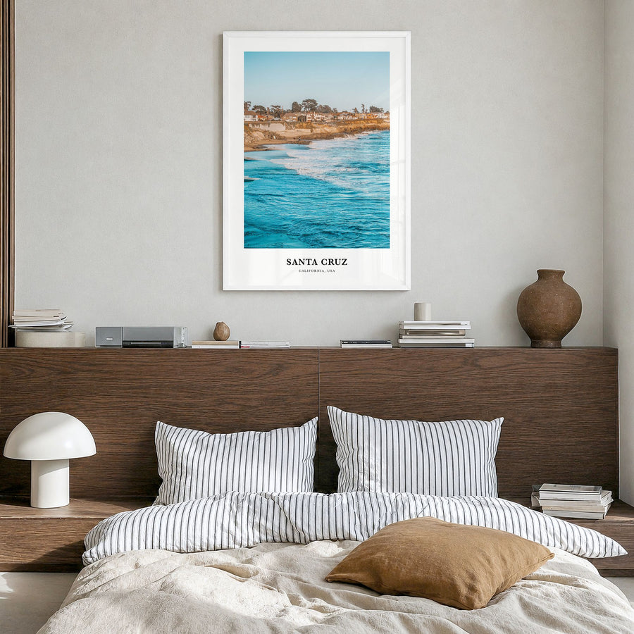 Santa Cruz, California Classic No 3 Poster in a white wood frame, hanging in a bedroom