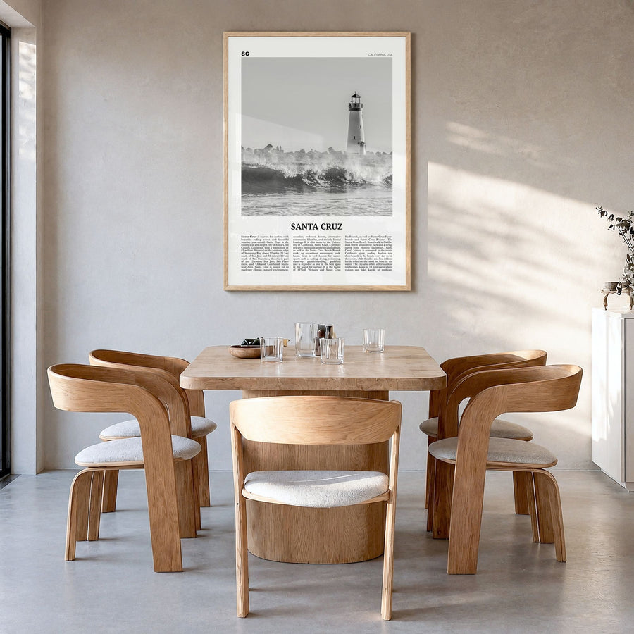 Santa Cruz, California Newspaper No 3 Poster in a natural wood frame, hanging in a dining room